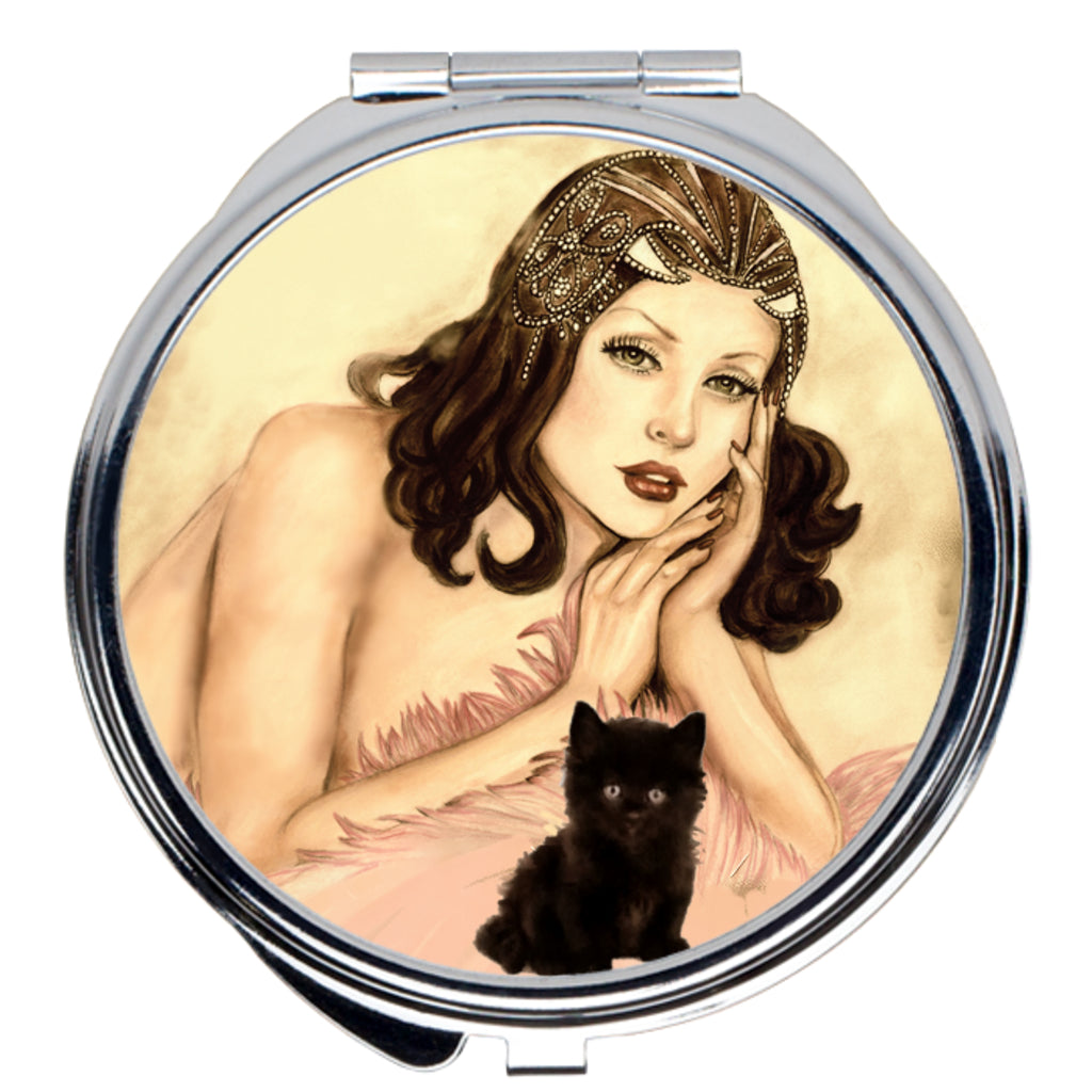 Compact Mirror-Designer Edition Burlesque Pin-up Queen Black Kitten