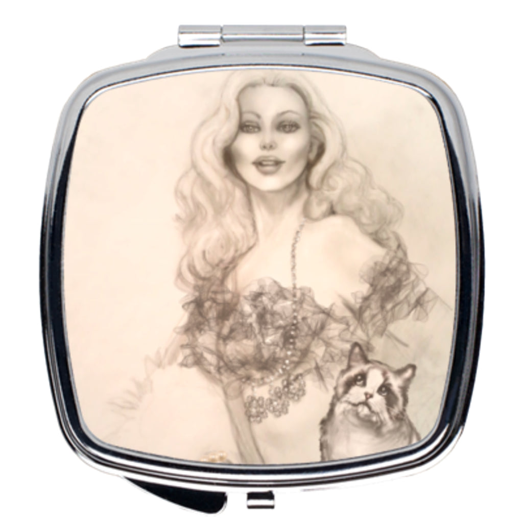 Designer Edition Compact Mirror-Burlesque Pin-up Queen and Ragdoll Cat Art