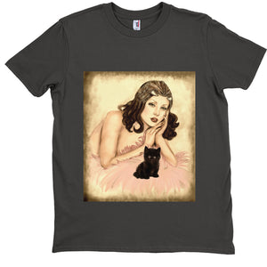 T-Shirts - Designer Edition-Burlesque Pin-up Queen And Black Kitten Unisex T-shirt- Smoke