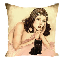 Designer Edition Zippered Throw Pillow 14 x 14 in- Pin-up Burlesque Queen and Black Kitten