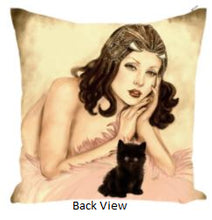 Throw Pillow Zippered - Designer Edition Zippered Throw Pillow 14 X 14 In- Pin-up Burlesque Queen And Black Kitten