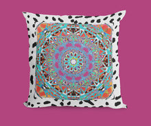 Wild Cat Print with Blue Abstract Mandala Throw Pillows